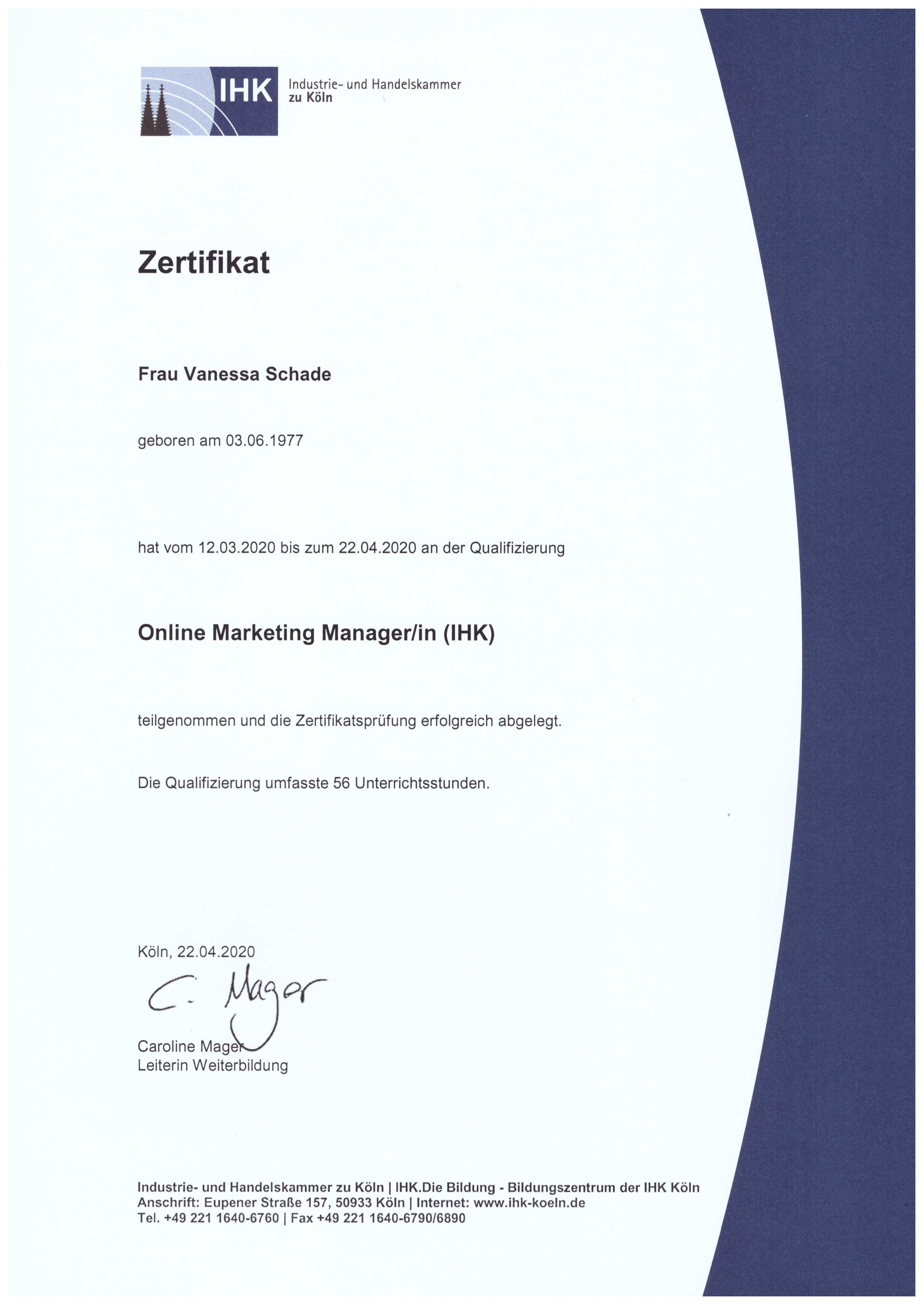 IHK Cologne Online Marketing-Manager certificate