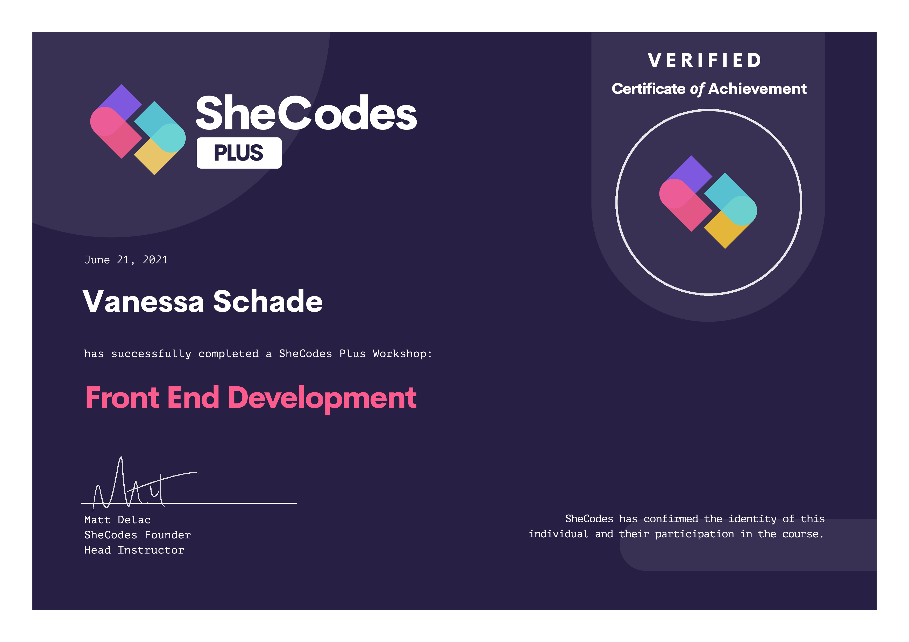 SheCodes Front-End Development certificate