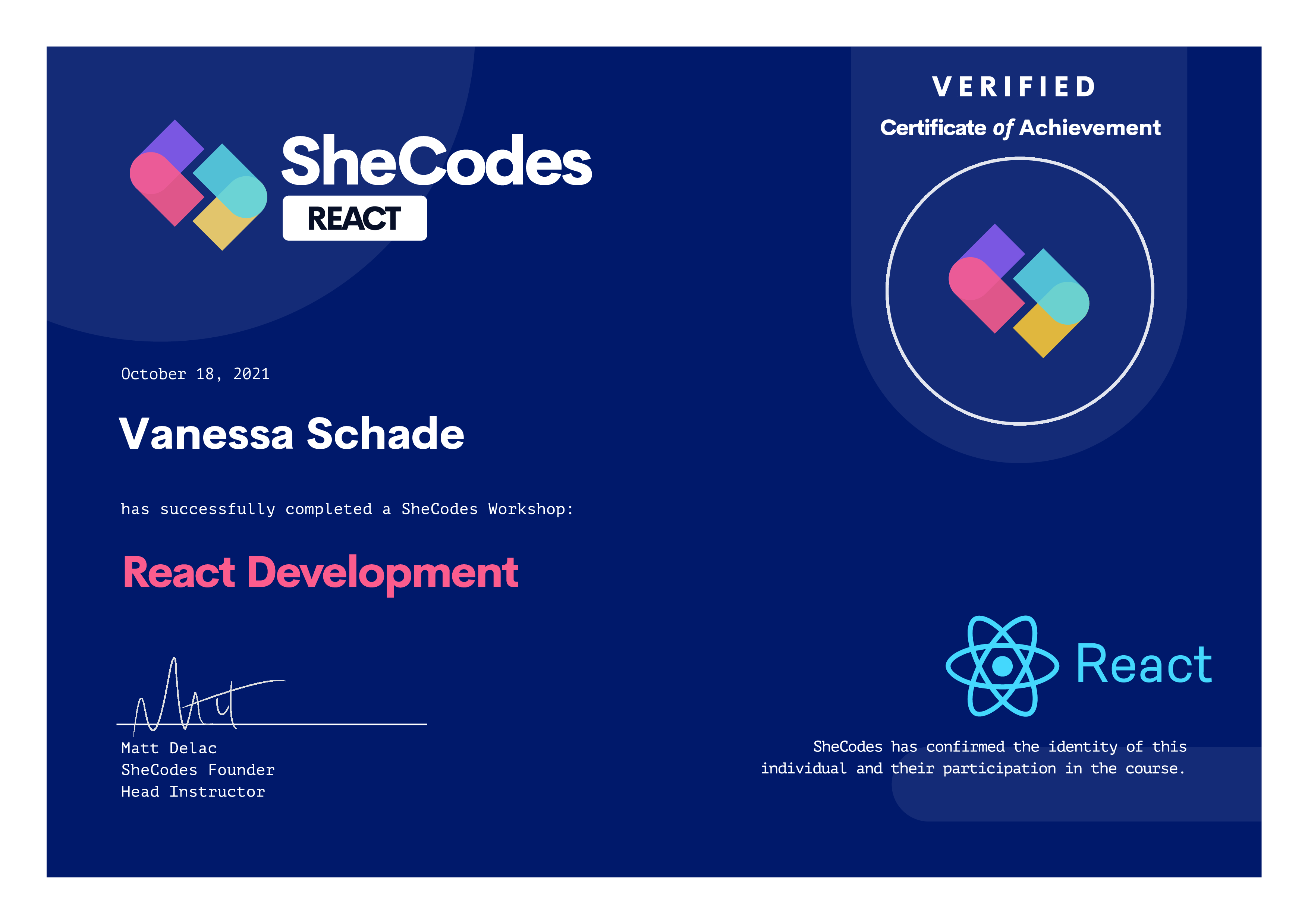 SheCodes React Development certificate