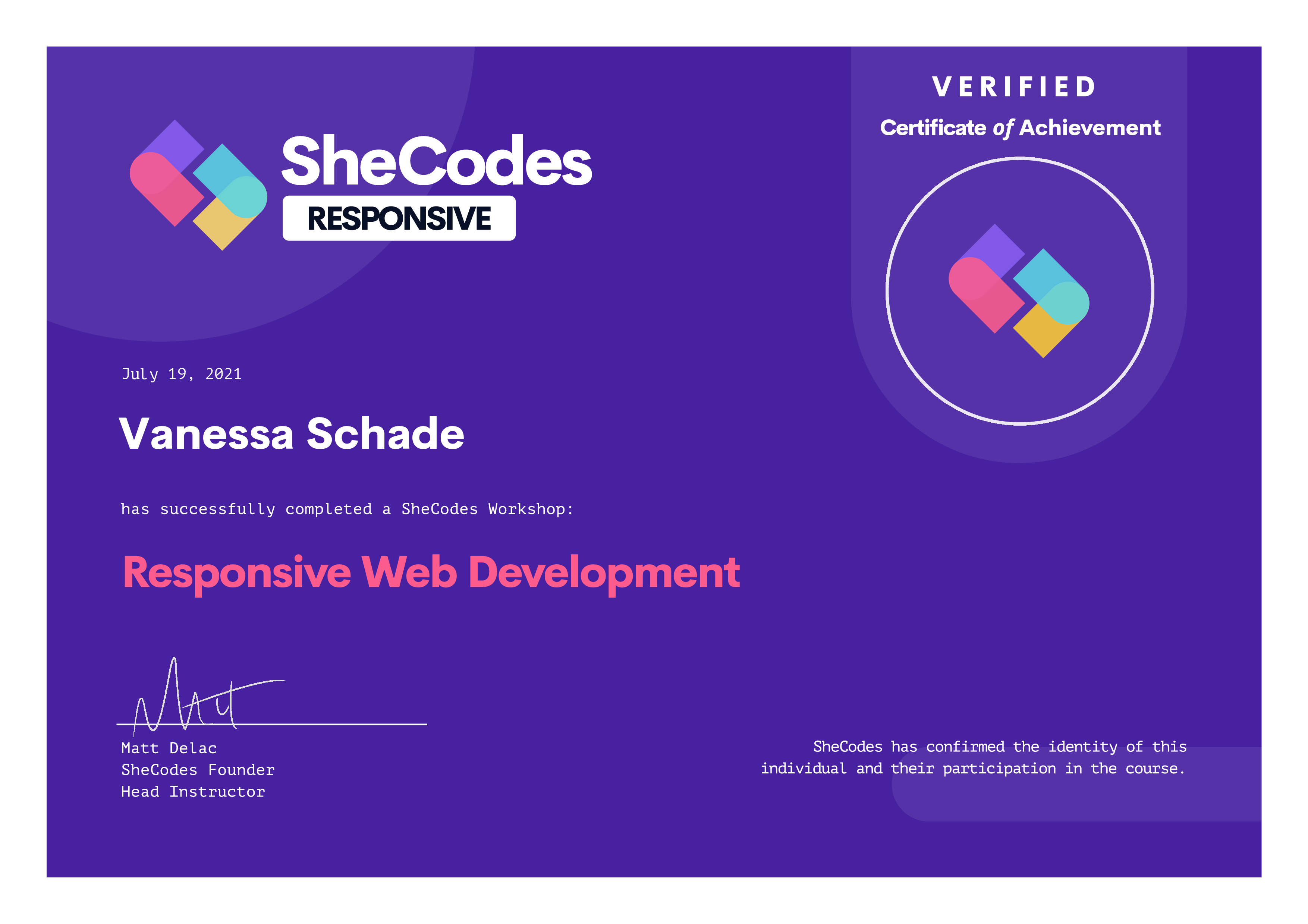 SheCodes Responsive Web Development certificate