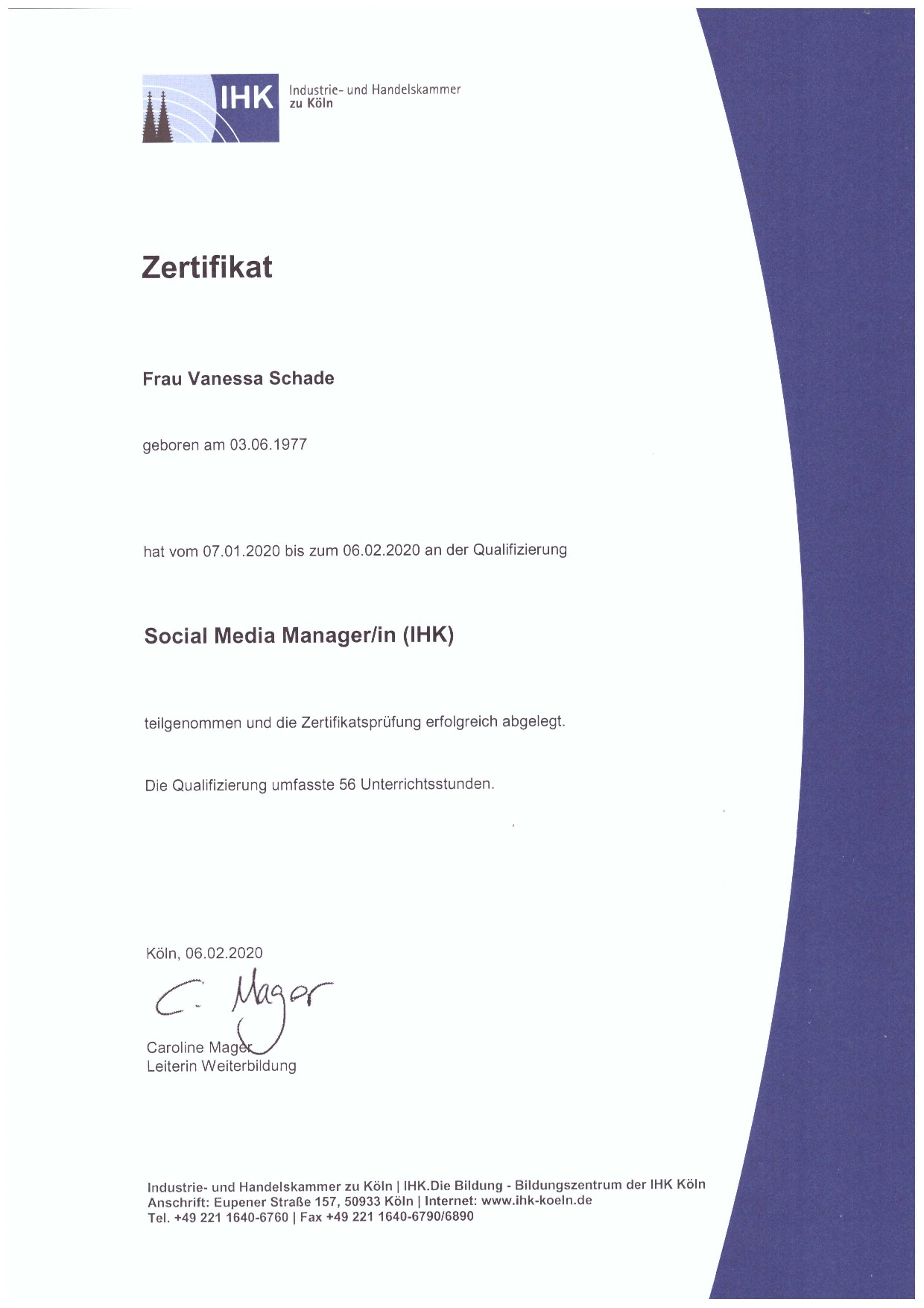 IHK Cologne Social Media-Manager certificate